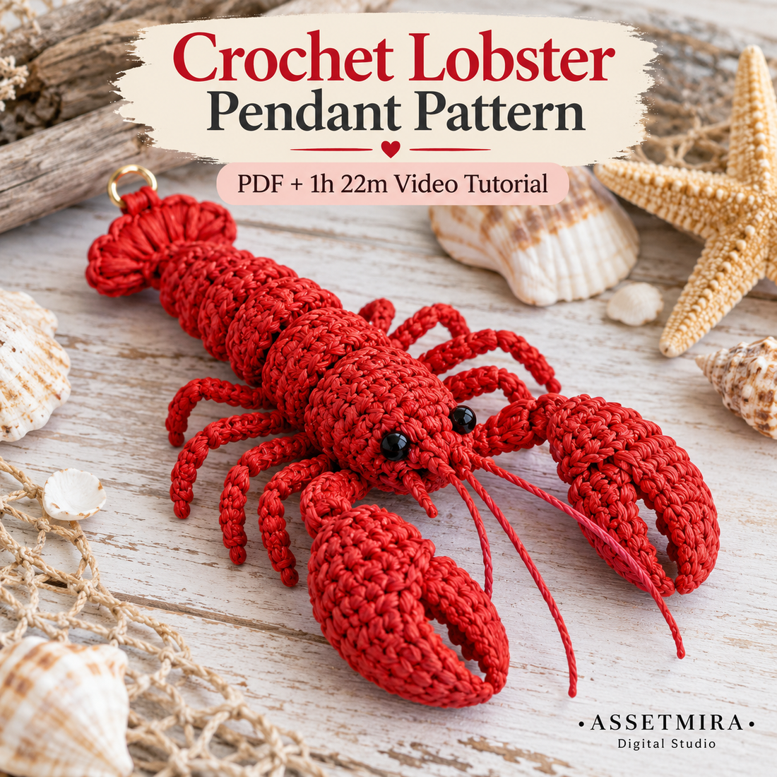 Crochet lobster pendant pattern with red raffia yarn lobster and video tutorial