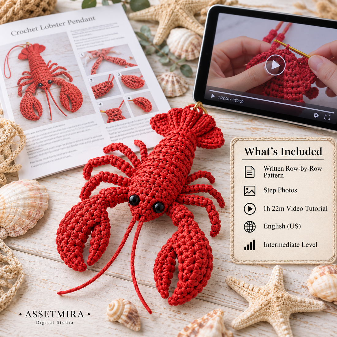 Crochet lobster pendant pattern includes row by row instructions step photos and 1 hour 22 minute video