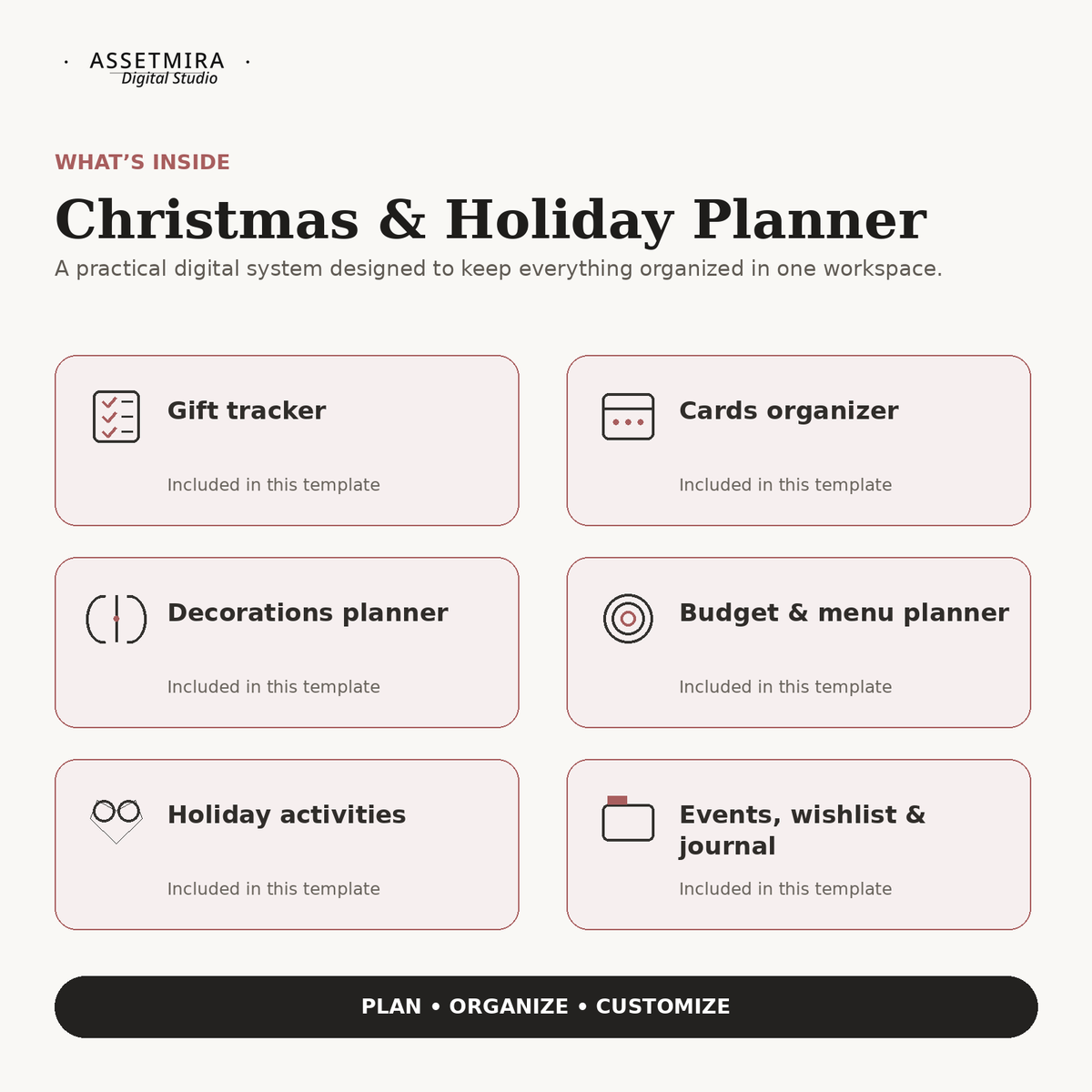 Features included in the Christmas and Holiday Planner for Notion