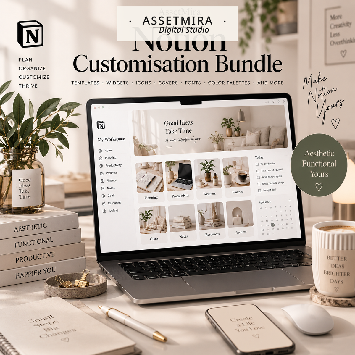 AssetMira Notion Customisation Bundle hero with aesthetic workspace dashboard