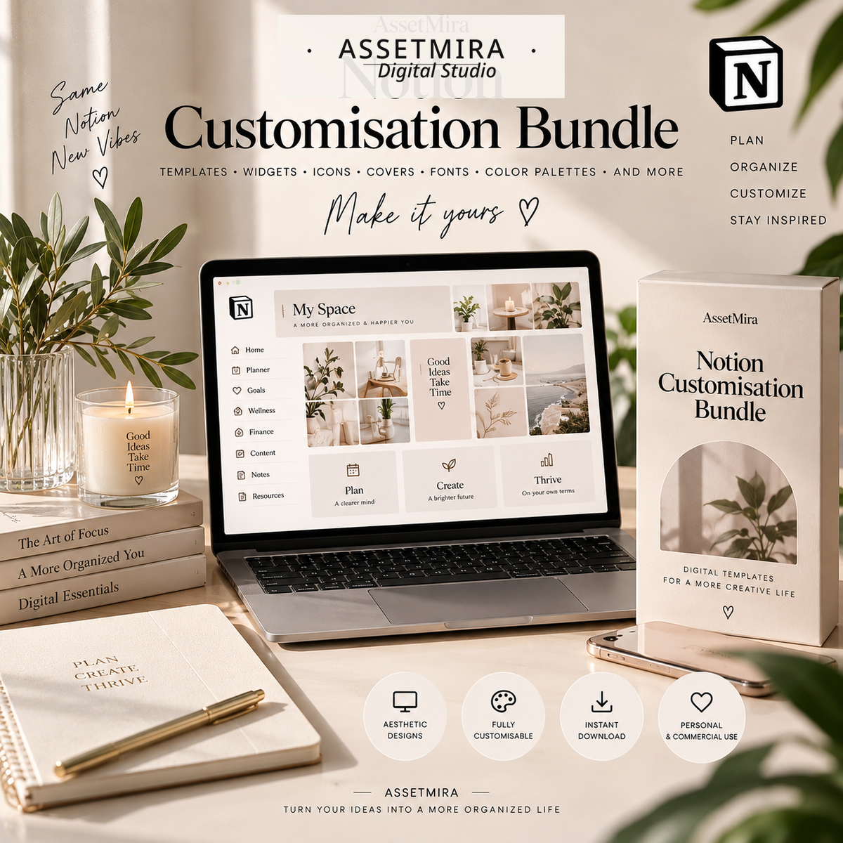 AssetMira Notion Customisation Bundle clean flat lay workspace mockup