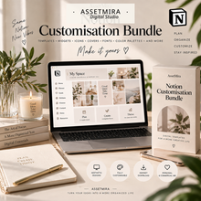 AssetMira Notion Customisation Bundle clean flat lay workspace mockup