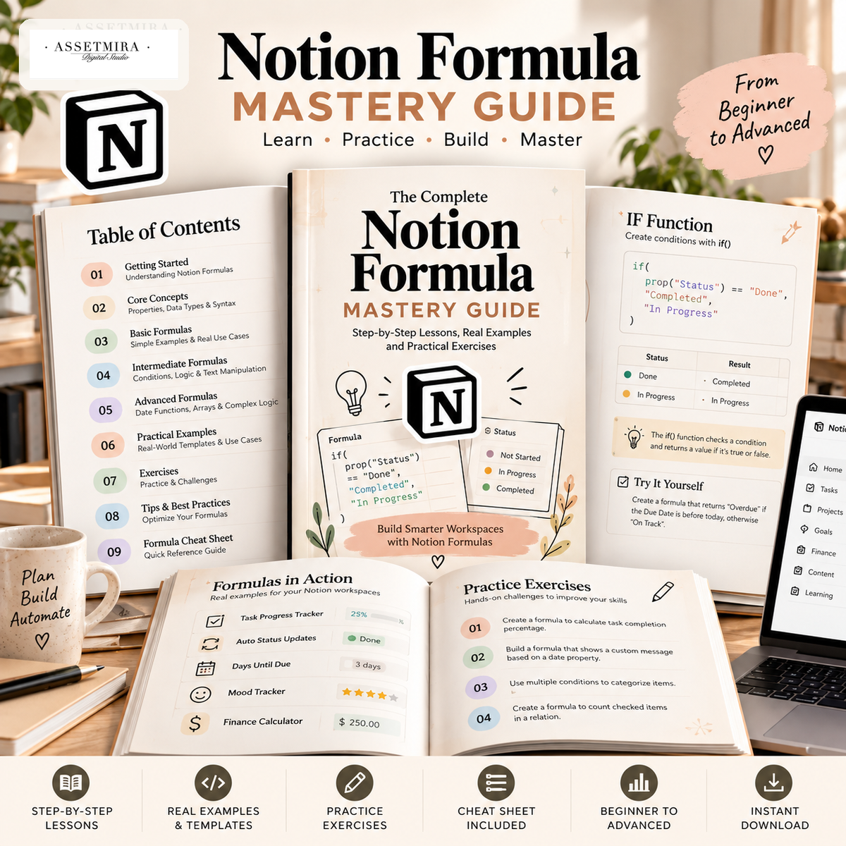 Notion formula guide with step-by-step lessons practical examples exercises and cheat sheet