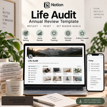 Notion Life Audit template with health, career, finances, relationships and personal growth review
