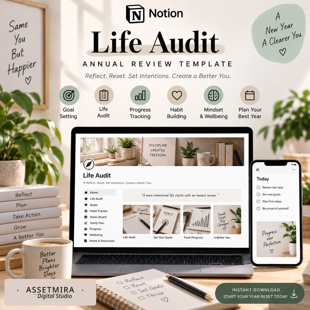Annual review and year reset Notion template with reflection, progress tracking and goal planning