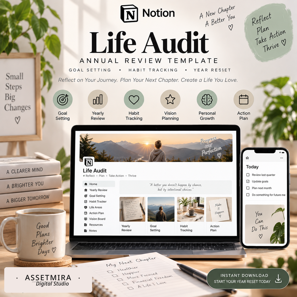 Notion Life Audit template for vision planning, SMART goals, habits and action planning
