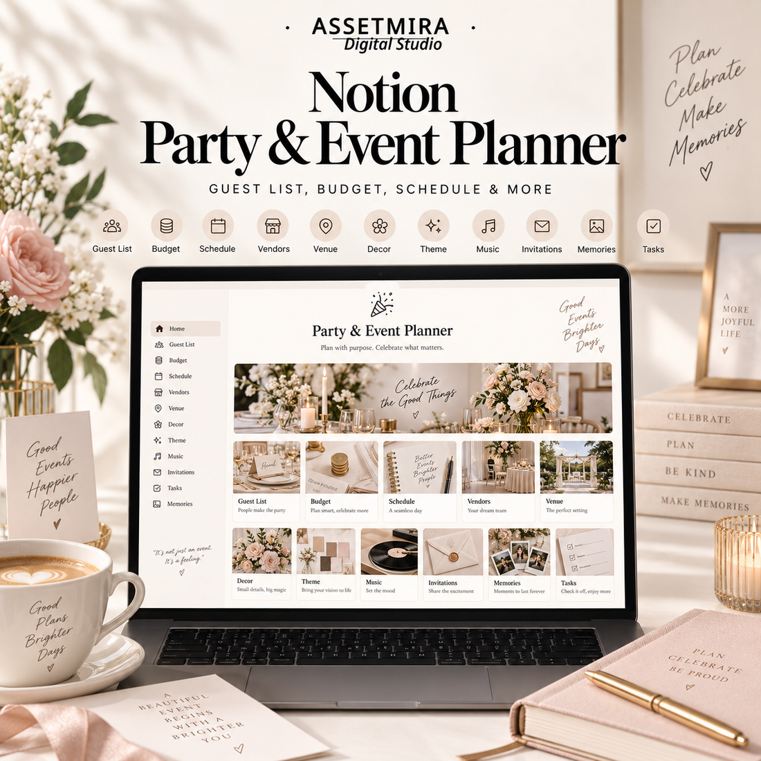 AssetMira Notion Party and Event Planner overview with guest list, budget, schedule, vendors, venue and decor