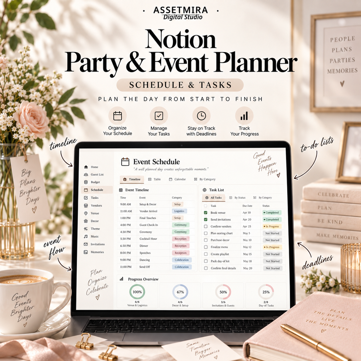 AssetMira Notion Party and Event Planner schedule and task management dashboard