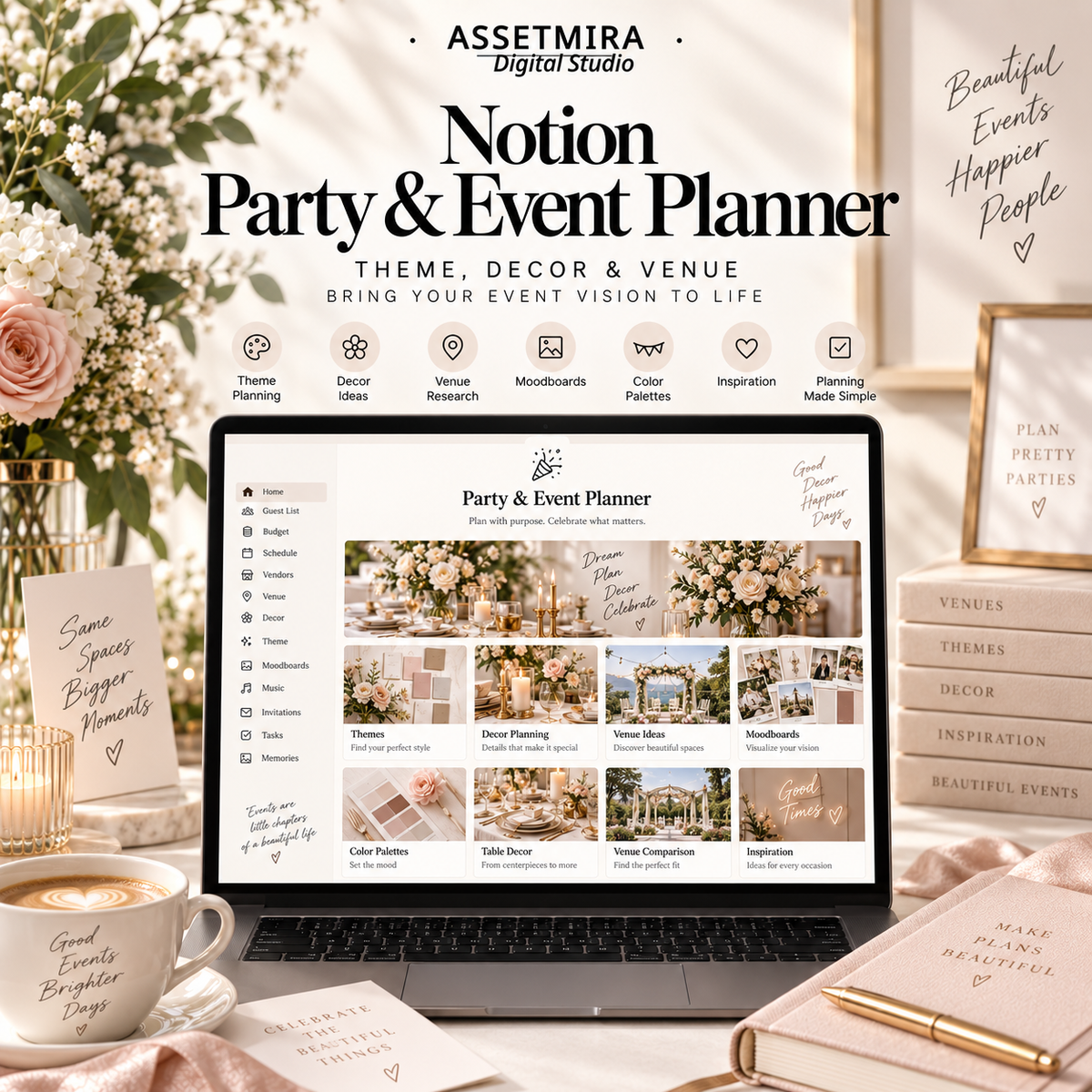 AssetMira Notion Party and Event Planner theme, decor, venue and moodboard dashboard