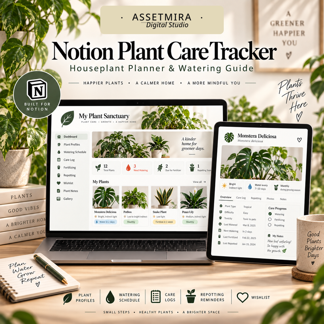 Houseplant planner Notion template with plant profiles, watering schedule and repotting reminders