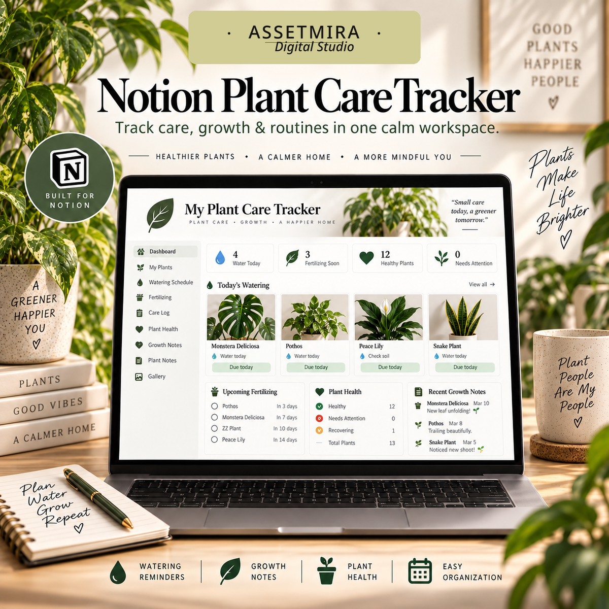Notion plant care workspace with watering reminders, growth notes and plant health tracking