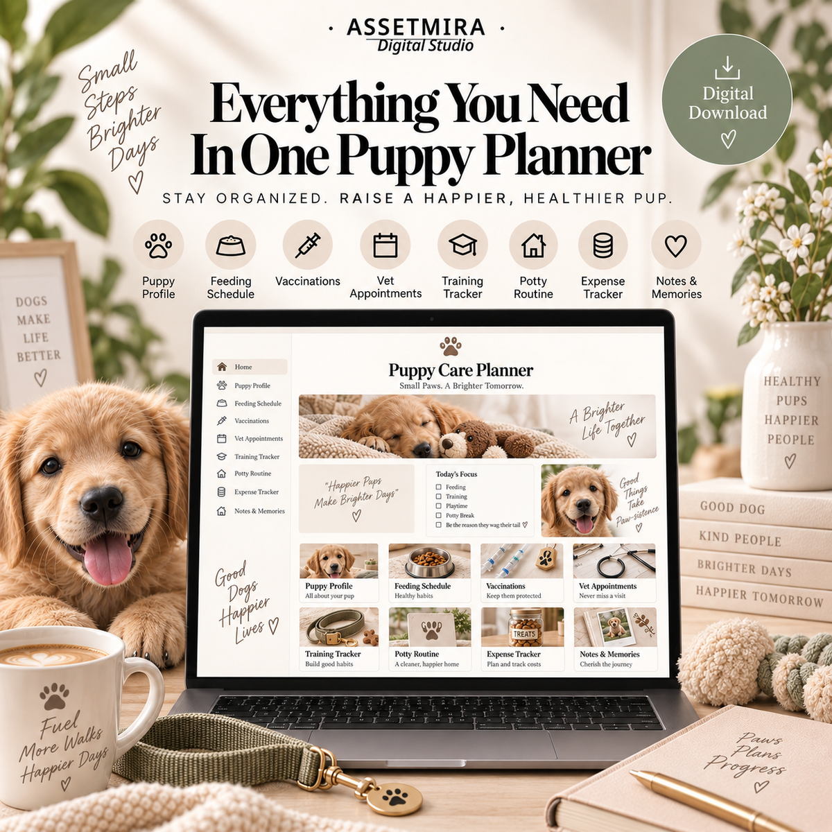Cozy puppy care planner workspace showing Notion pet care tracking dashboard