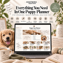 Cozy puppy care planner workspace showing Notion pet care tracking dashboard