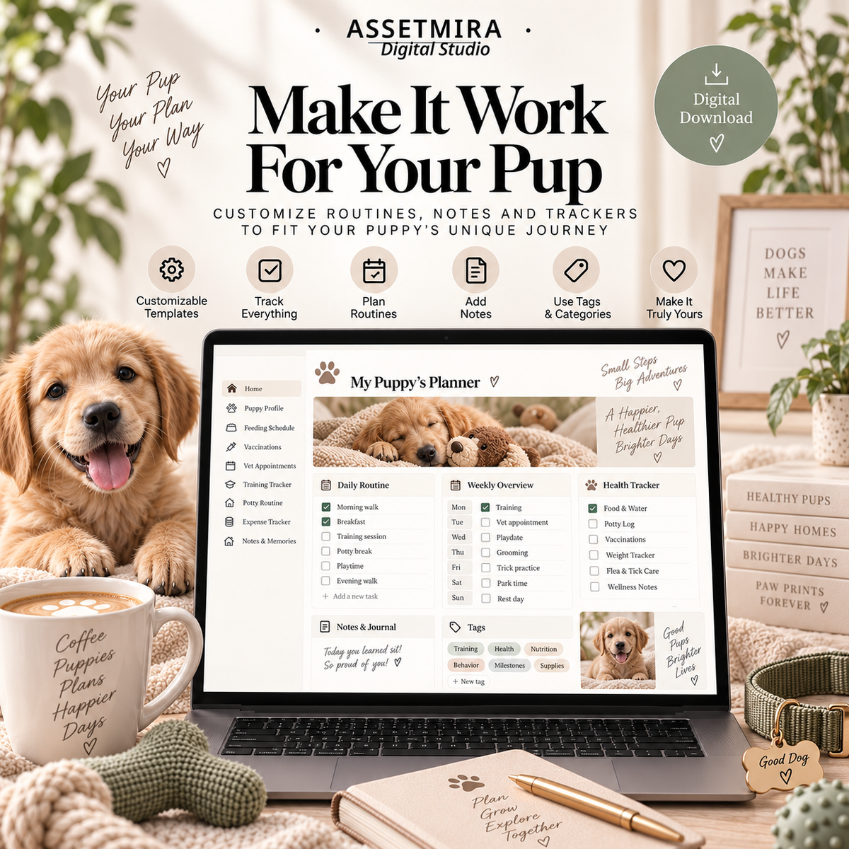 Notion puppy planner for customizable routines, notes, health and training tracking