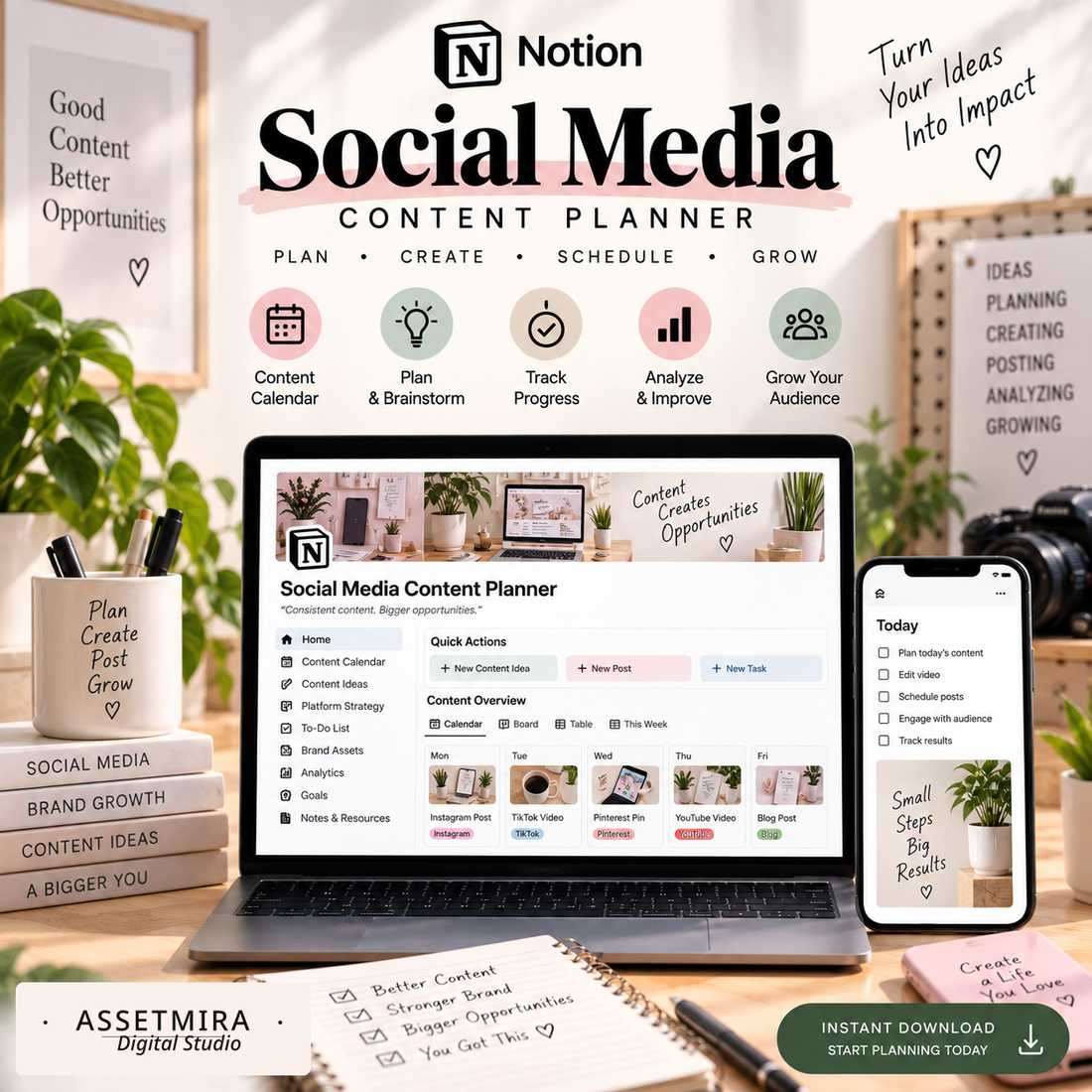 Notion Social Media Content Planner with content calendar, platform workflow and strategy dashboard