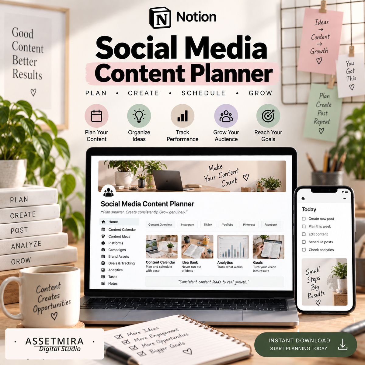 Social media planning Notion template with content calendar, idea bank, analytics and goals