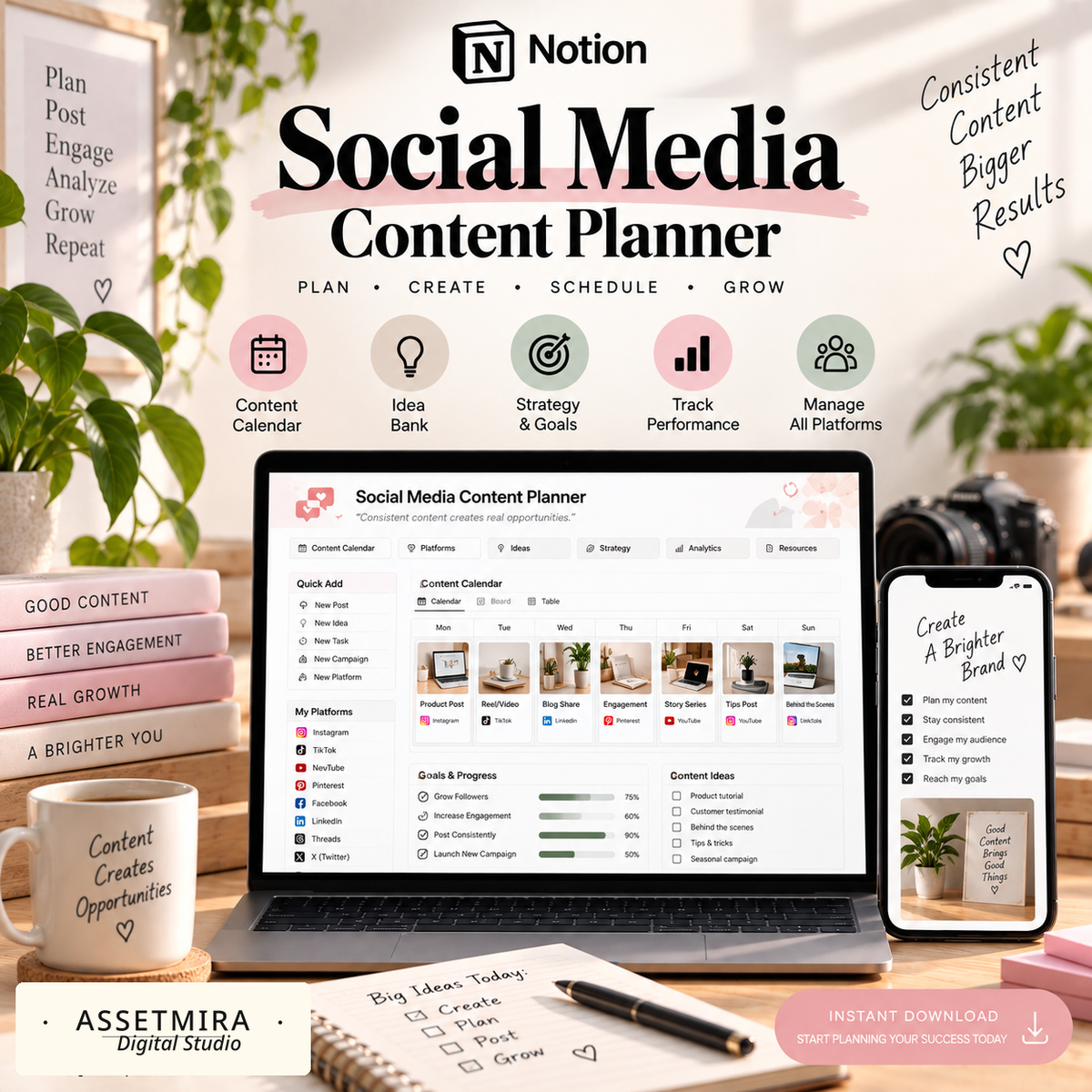 Notion content planner dashboard for managing platforms, content ideas, calendar and performance goals