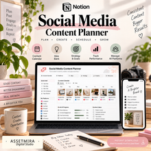 Notion content planner dashboard for managing platforms, content ideas, calendar and performance goals