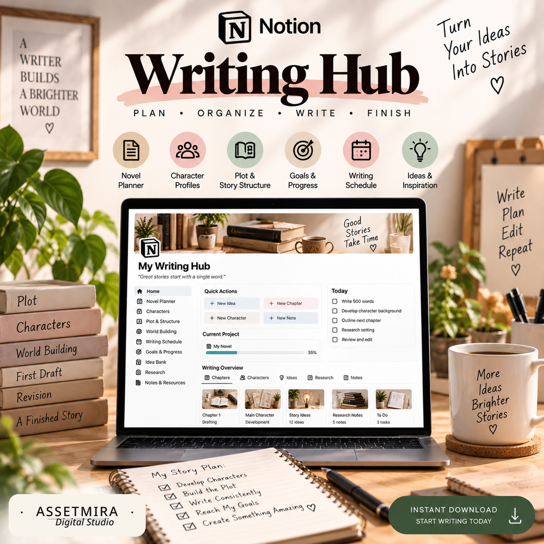 Notion Writing Hub template for novel planning, characters, plot structure, goals and writing progress