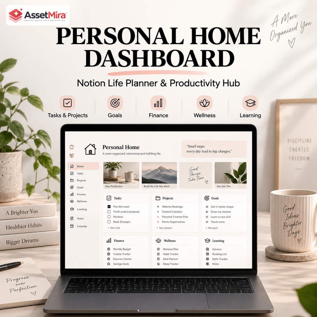 Personal Home Dashboard Notion template with tasks, projects, goals, finance, wellness and learning