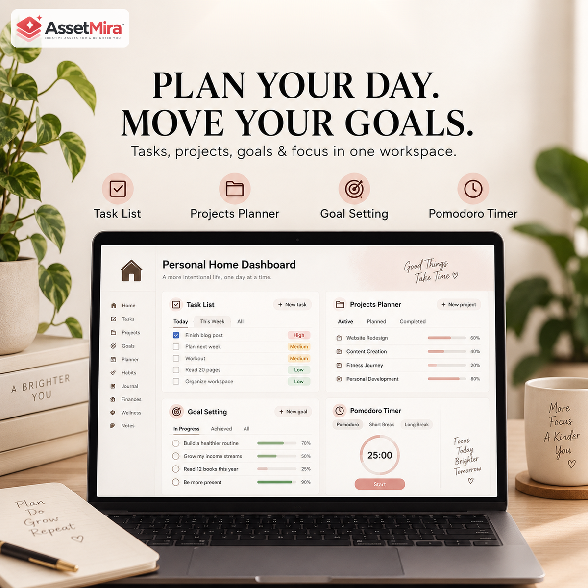 Notion productivity dashboard with task list, projects planner, goal setting and Pomodoro timer