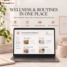 Notion wellness dashboard with meal planner, health, workout exercises and skincare routines