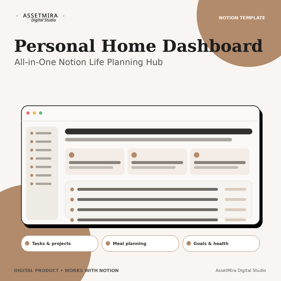 Personal Home Dashboard Notion template for life planning, tasks and organization