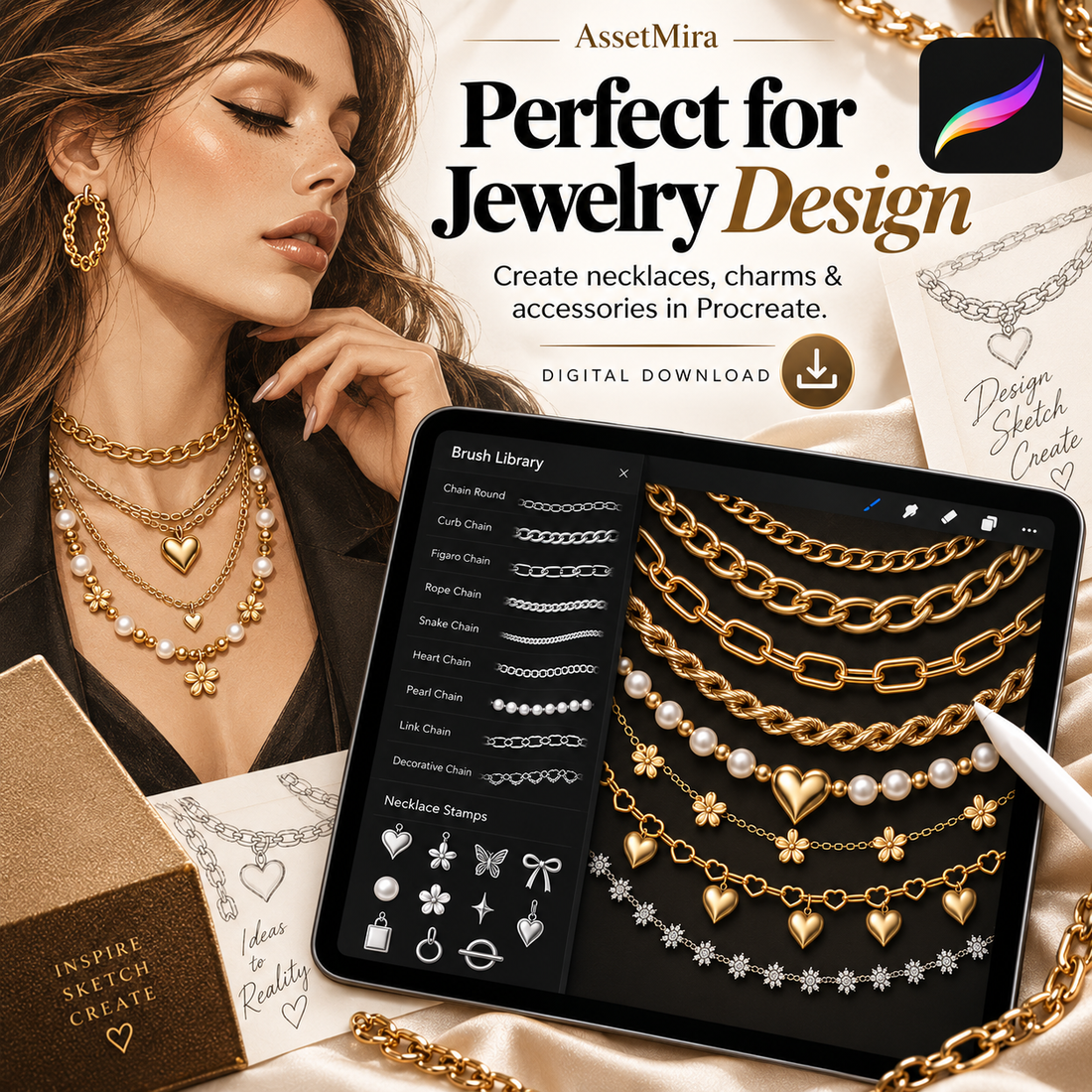 Procreate chain brushes for jewelry design and fashion illustration