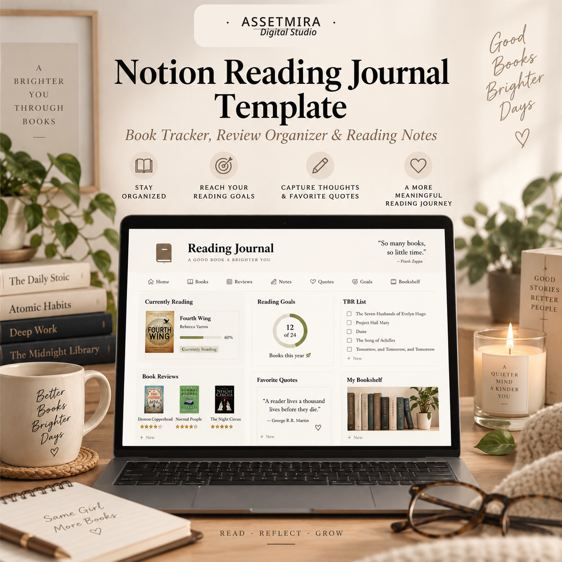 Notion Reading Journal template with book tracker, reading goals, reviews, favorite quotes and bookshelf