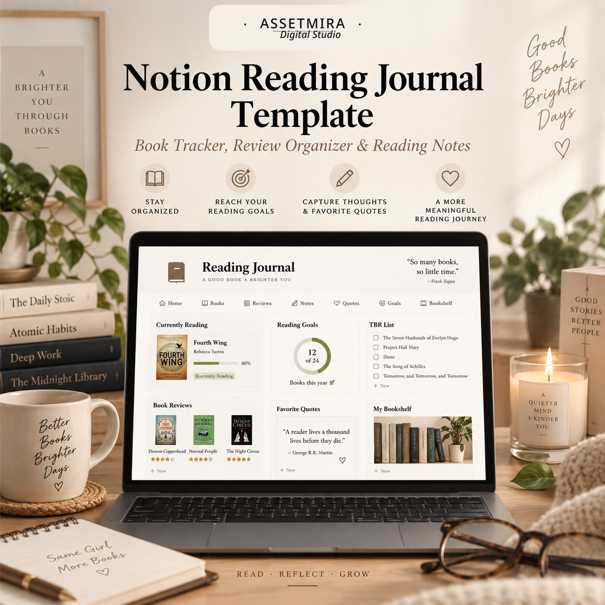 Notion Reading Journal template with book tracker, reading goals, reviews, favorite quotes and bookshelf