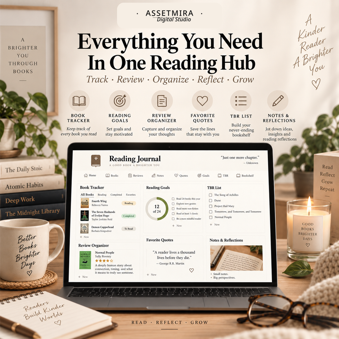 Reading journal Notion dashboard with book tracker, goals, review organizer, TBR list, quotes and notes