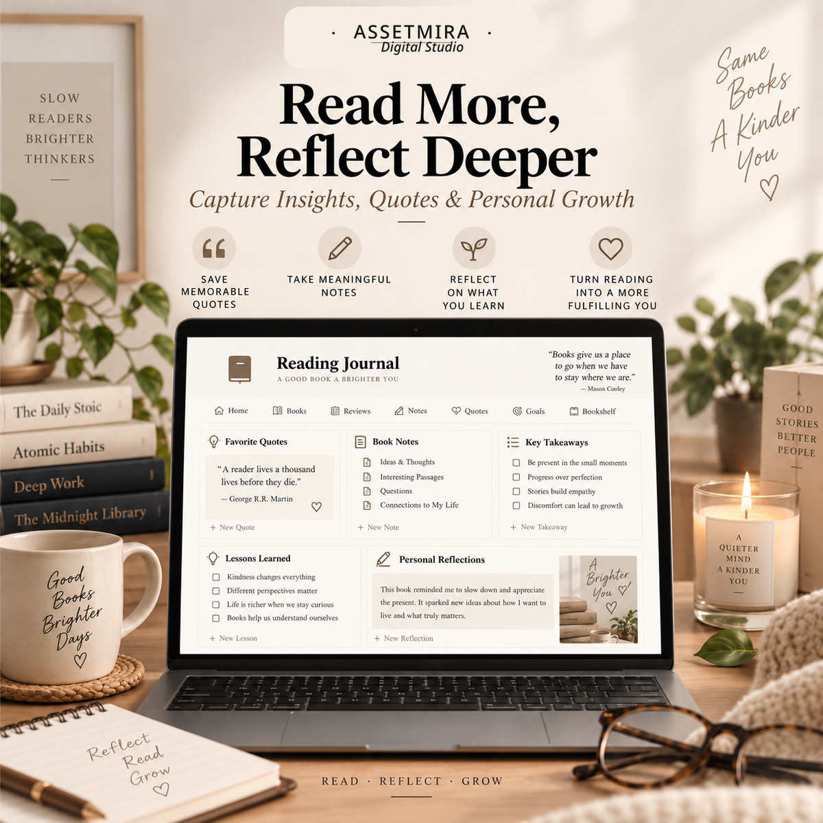 Notion Reading Journal for favorite quotes, book notes, key takeaways, lessons learned and personal reflections