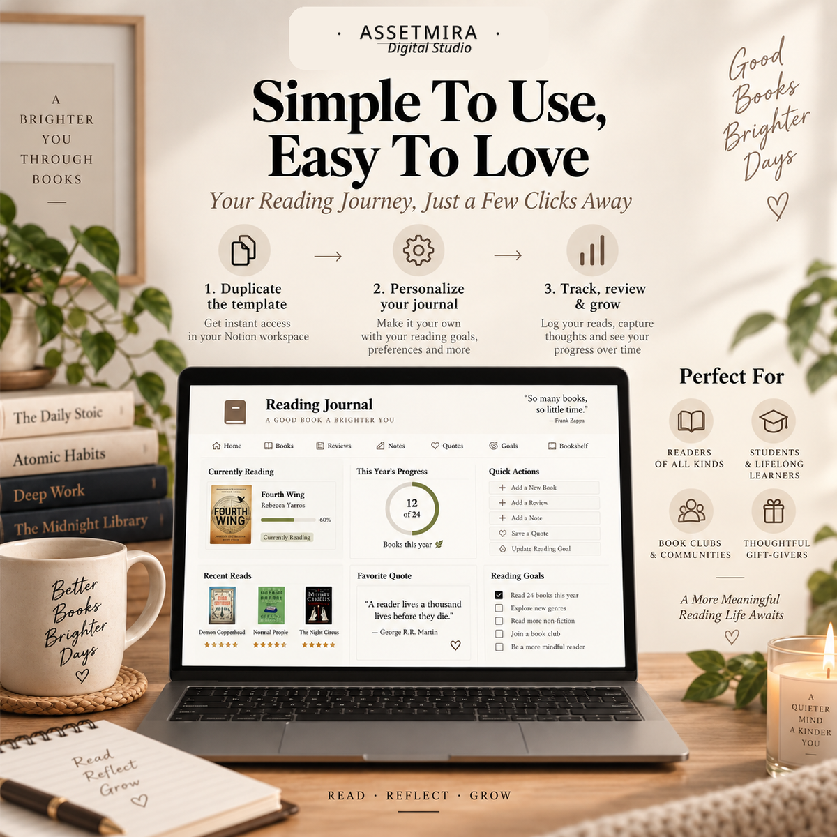 Notion Reading Journal showing how to duplicate, personalize and track reading progress with goals and quick actions