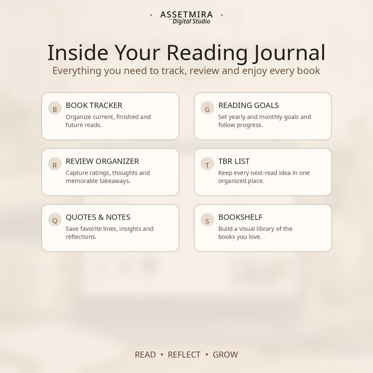 Inside the Notion Reading Journal with book tracker, reading goals, review organizer, TBR list, quotes, notes and bookshelf