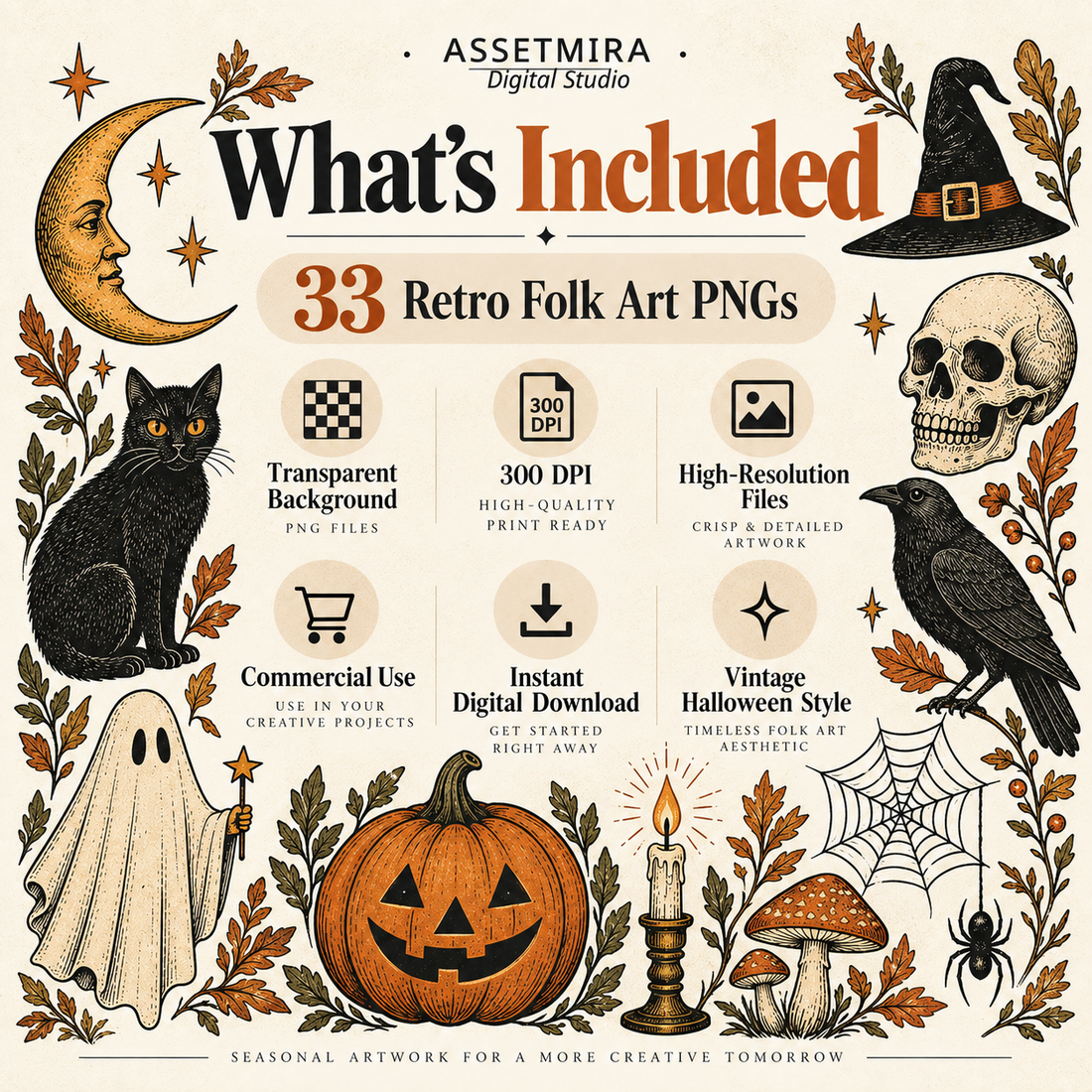 What's included in the AssetMira retro Halloween bundle: 33 folk art PNG files