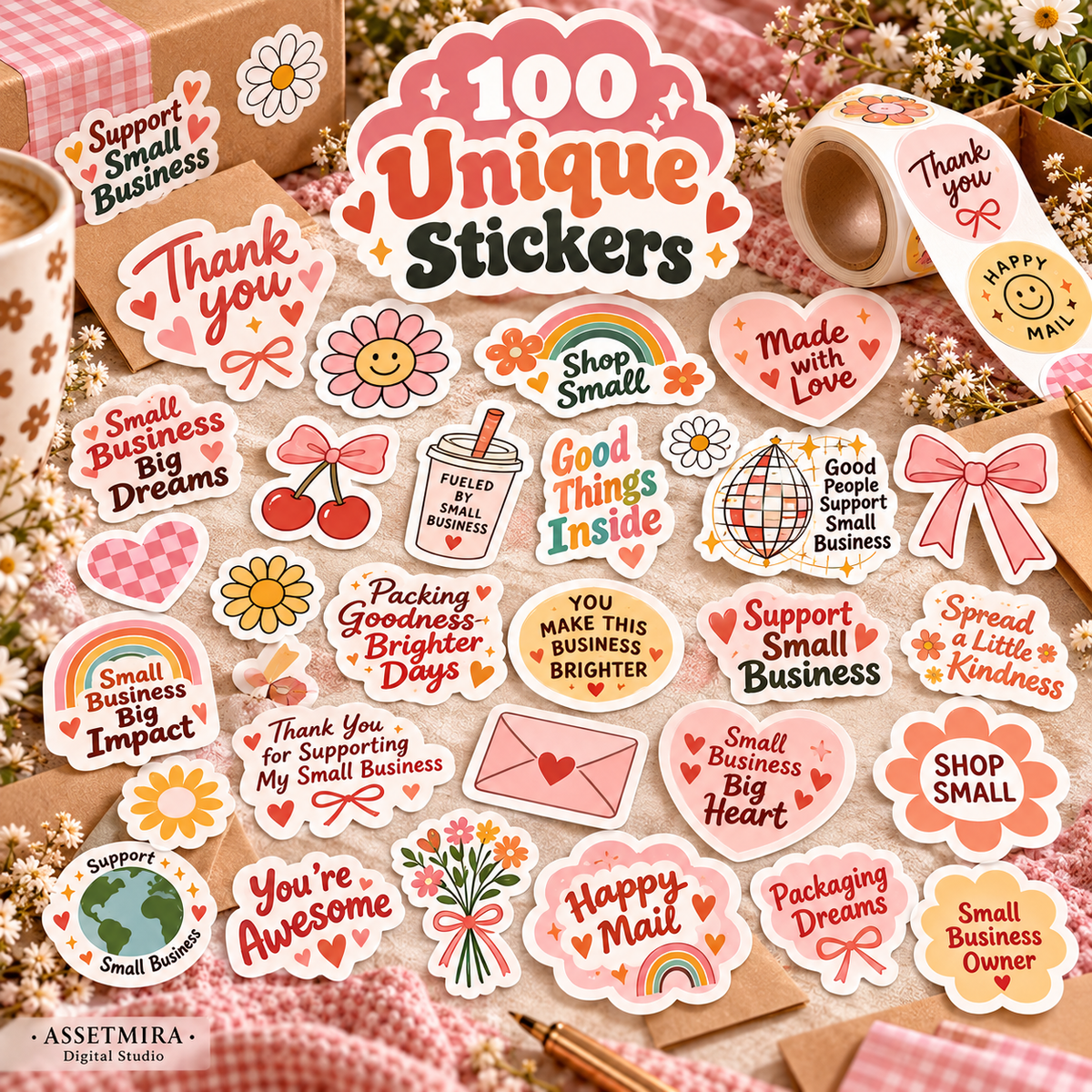 100 unique small business packaging sticker designs in retro pink orange and green