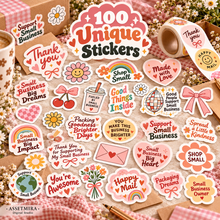 100 unique small business packaging sticker designs in retro pink orange and green