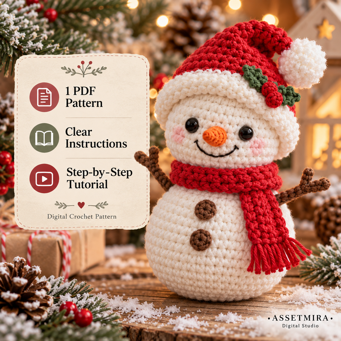 Amigurumi snowman crochet pattern includes one PDF with clear step by step instructions
