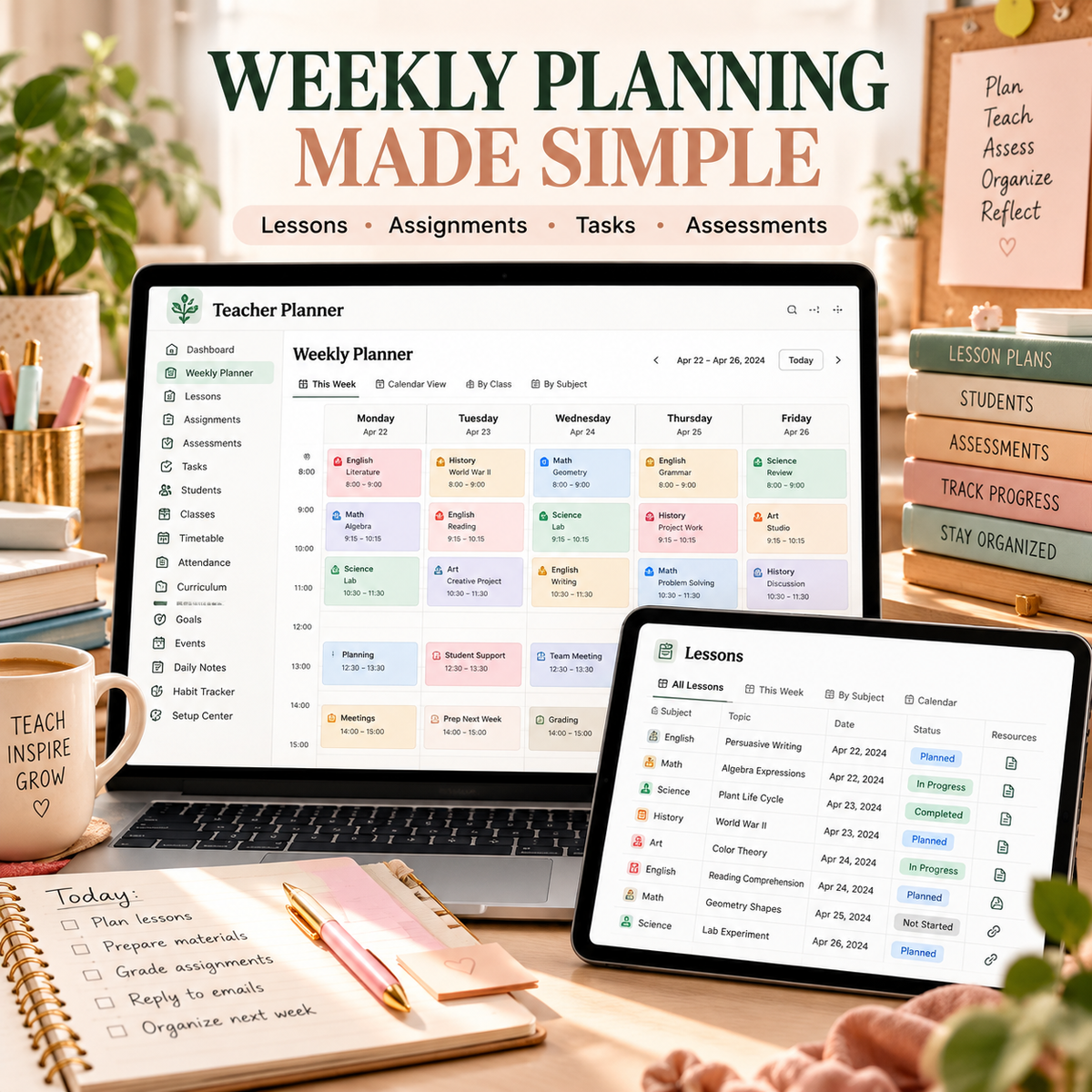 Weekly lesson planning and teacher schedule in the Notion Teacher Planner