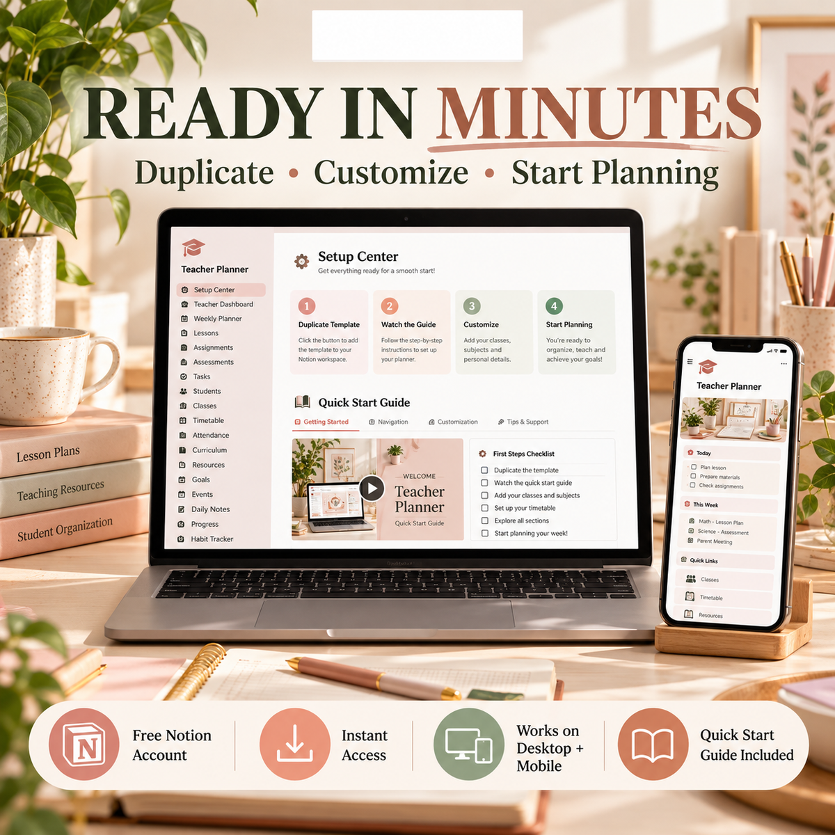 Teacher Planner Notion Template quick start setup center and instant access