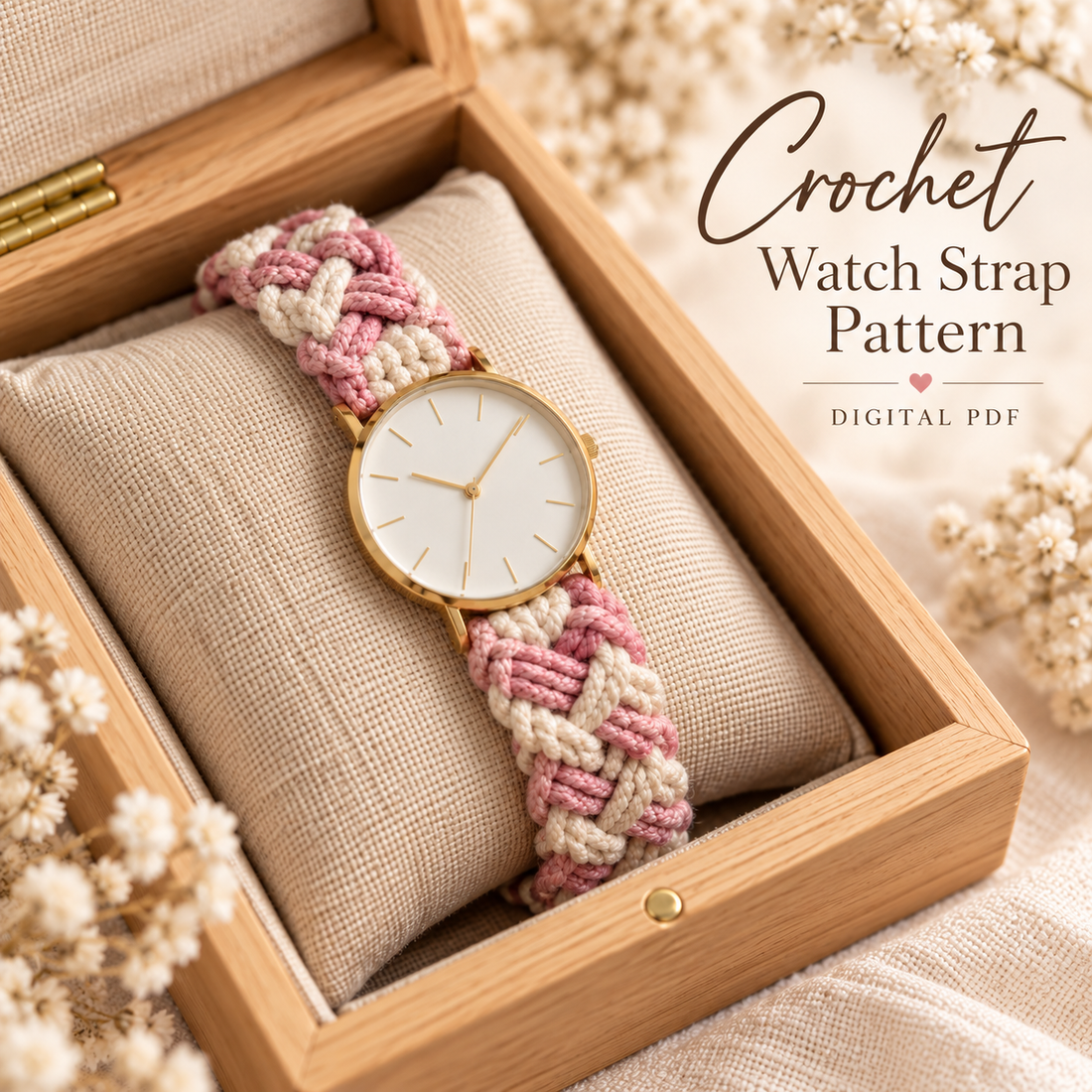Pink and cream crochet watch strap in wooden watch box