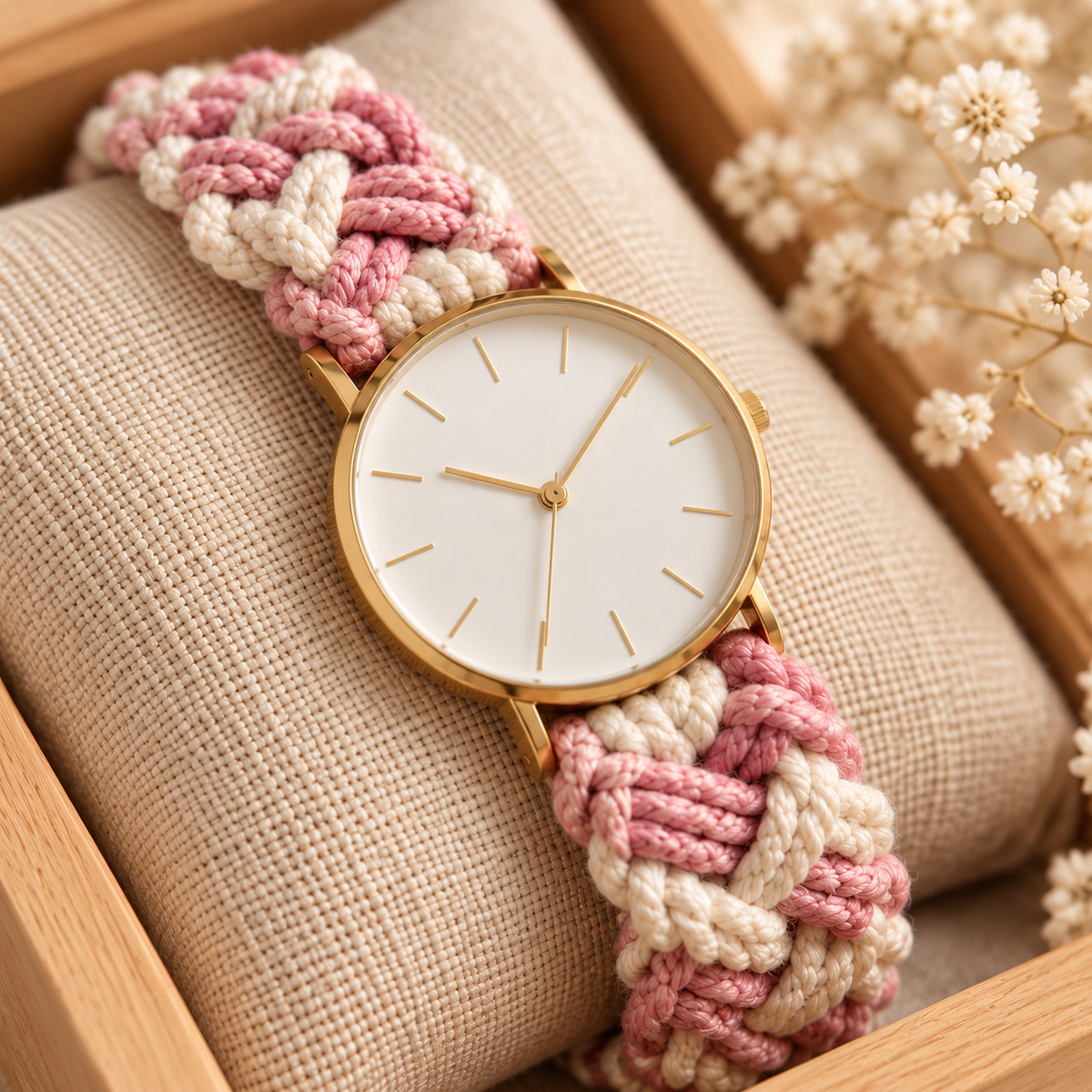 Close-up of gold watch with handmade pink and cream crochet strap