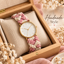 Handmade pink and cream braided crochet watch strap lifestyle display