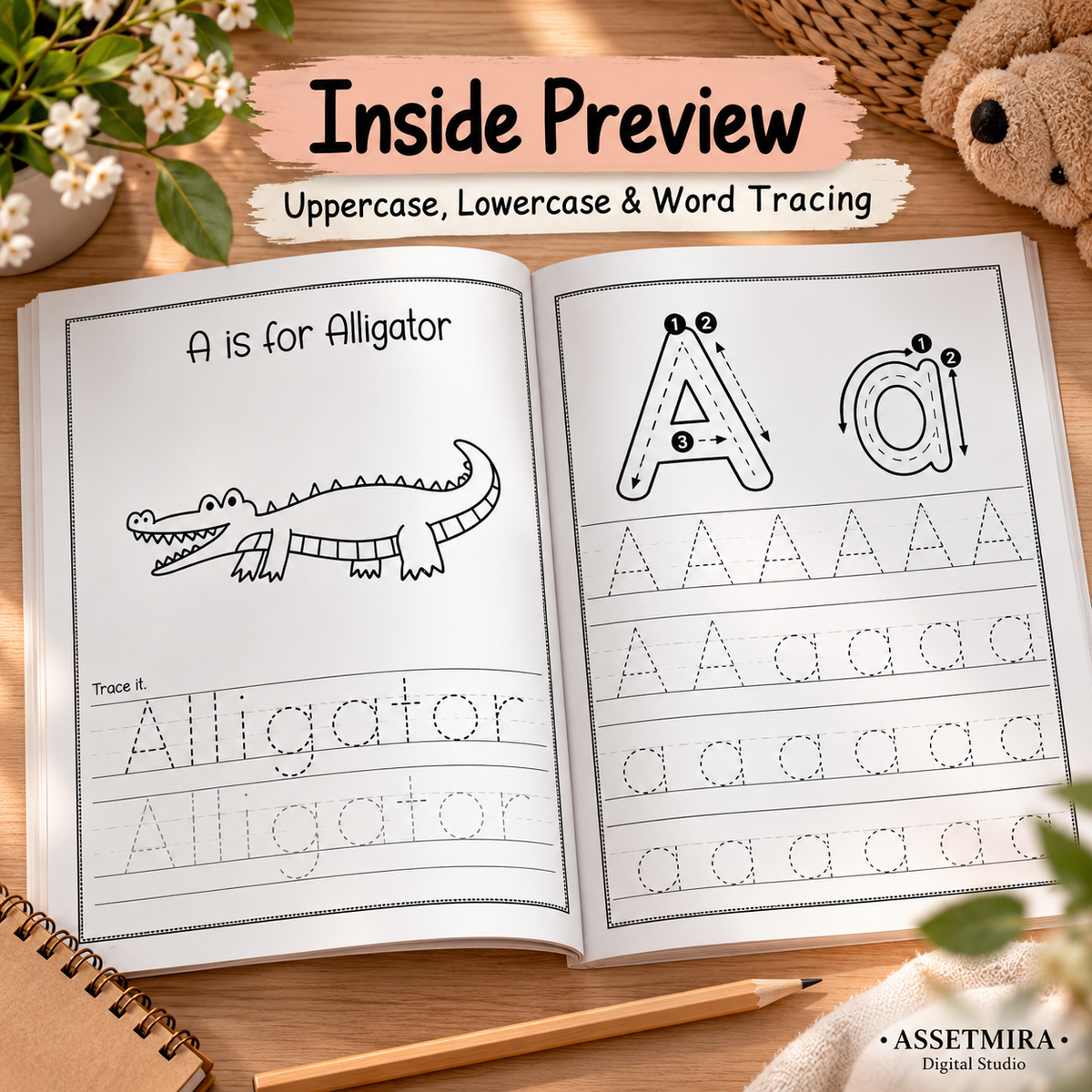 Writing Practice Alphabet Workbook interior preview with uppercase lowercase and word tracing