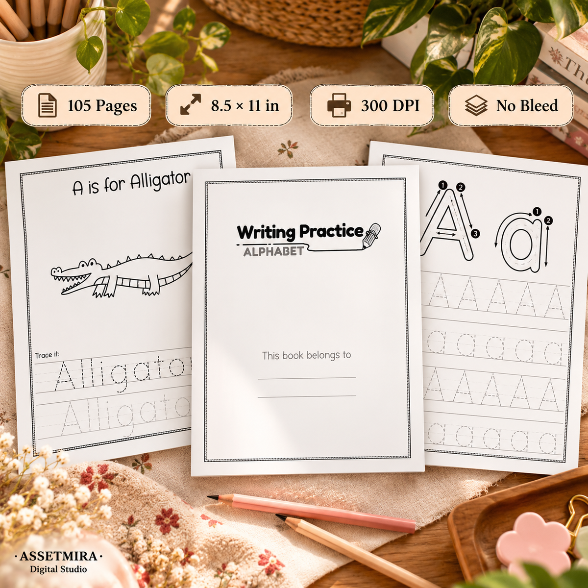 Writing Practice Alphabet Workbook specifications 105 pages 8.5 x 11 300 DPI no bleed