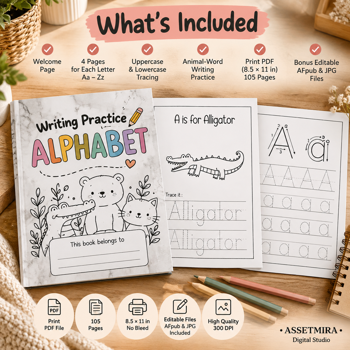 Writing Practice Alphabet Workbook contents and included files