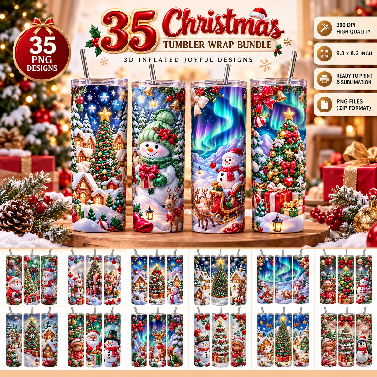 35 Christmas Tumbler Wrap PNG Bundle hero image, 300 DPI, 9.3 x 8.2 inch