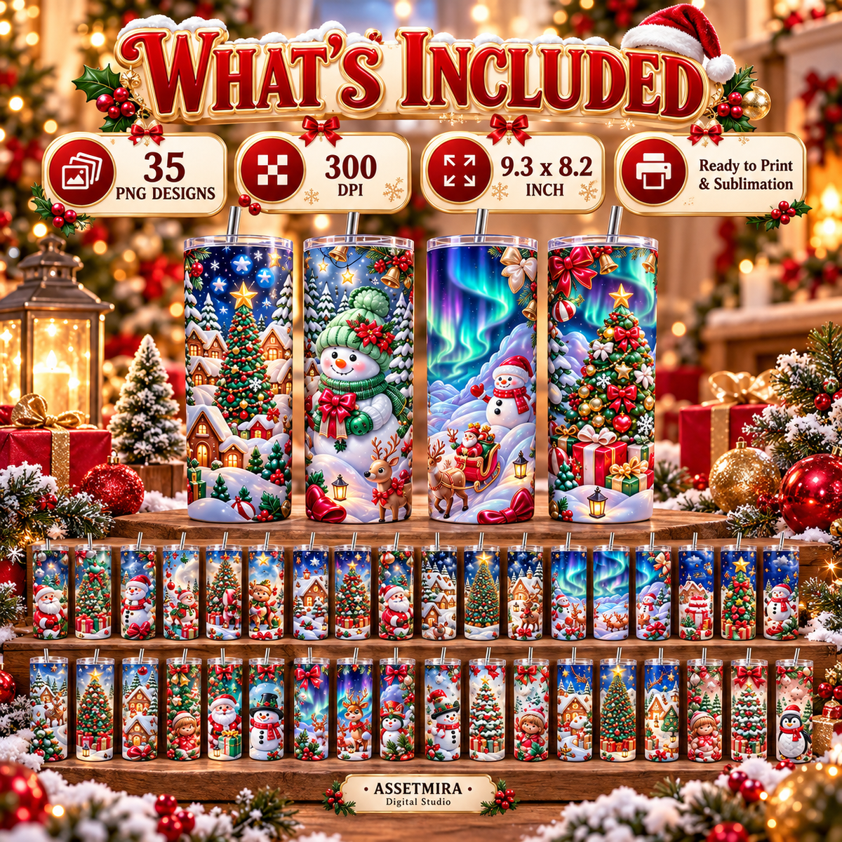 Christmas tumbler wrap bundle what's included, 35 PNG designs and sublimation ready