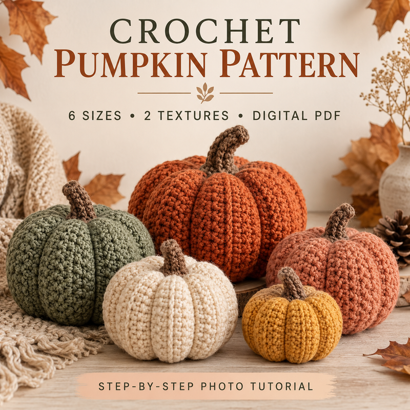 Crochet Pumpkin Pattern | 6 Sizes and 2 Textures Fall Decor PDF (Digital Download)