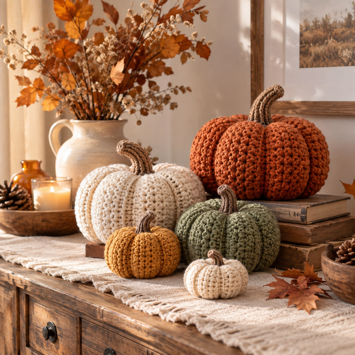 Crochet pumpkins styled as cozy fall home decor